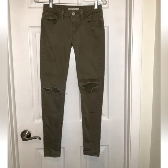 Levis Womens 535 Super Skinny Jeans Olive Distressed Stretch Low Rise Size 27 - Picture 1 of 11